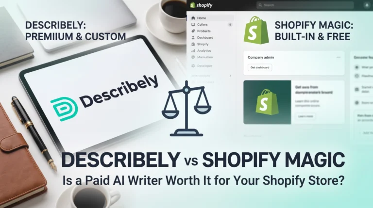 Describely vs Shopify Magic comparison showing Shopify admin dashboard and AI product description writer