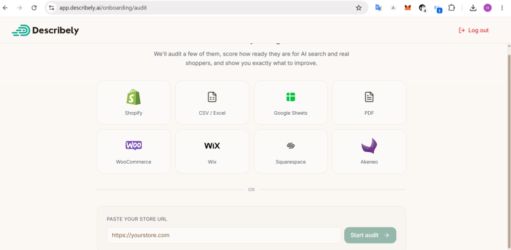 Describely dashboard generating bulk Shopify product descriptions