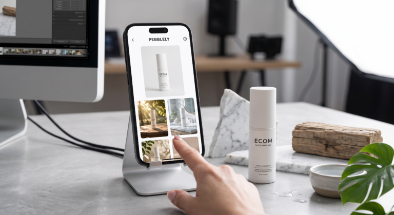 Pebblely AI product photography review testing lifestyle backgrounds on skincare product